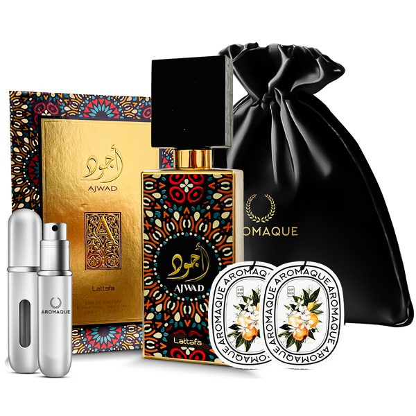 Lattafa Ajwad 3.40 Oz EDP for Women with Silver Refill Bottle, Two Scented Car Freshener Cards, and Black Satin Bag Gift Set