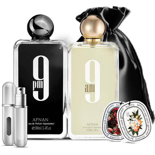 Afnan 9 AM + 9 PM Premium Combo 100ml Unisex Eau De Parfums with Silver Refill Bottle, Two Scented Car Freshener Cards, and Black Satin Bag Gift Set