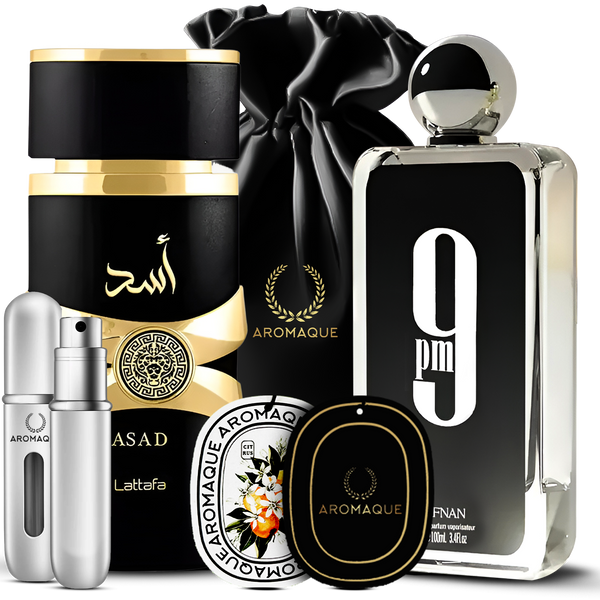 Afnan 9 PM + Lattafa Asad 100 ml EDPs with Silver Refill Bottle, Four Scented Car Freshener Cards, and Black Satin Bag Gift Set