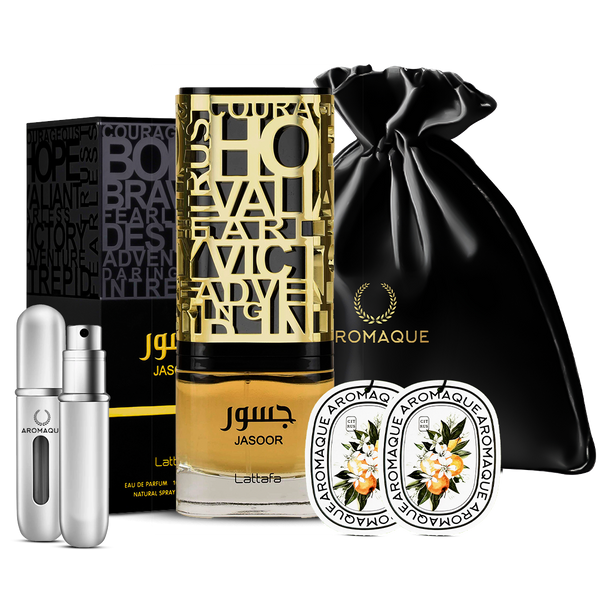 Lattafa Jasoor 3.04 Oz Eau De Parfum for Men with Silver Refill Bottle, Two Scented Car Freshener Cards, and Black Satin Bag Gift Set