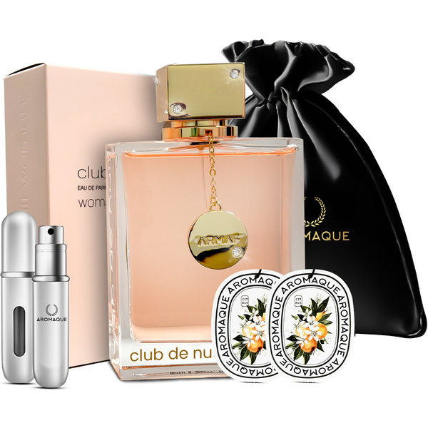 Armaf Club De Nuit Women 6.04 Oz EDP with Silver Refill Bottle, Two Scented Car Freshener Cards, and Black Satin Bag Gift Set