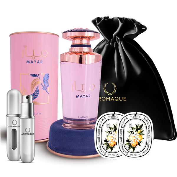 Lattafa Mayar 3.04 Oz Eau De Parfum for Women with Silver Refill Bottle, Two Scented Car Freshener Cards, and Black Satin Bag Gift Set