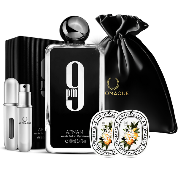 Afnan’s 9 PM Unisex 100ml Eau De Parfum with Silver Refill Bottle, Two Scented Car Freshener Cards, and Black Satin Bag Gift Set