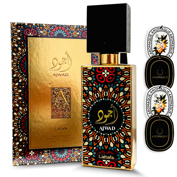 Lattafa Ajwad 3.40 Oz Eau De Parfum for Women with Four Scented Car Freshener Cards Set