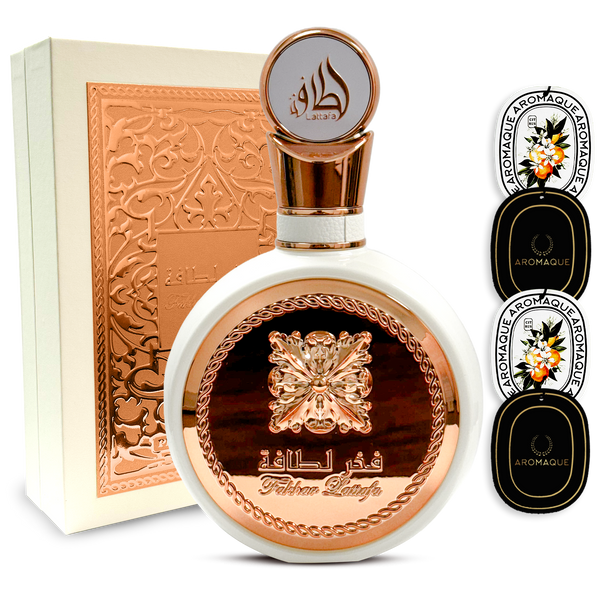 Lattafa Fakhar 3.40 Oz Eau De Parfum for Women with Four Scented Car Freshener Cards Set