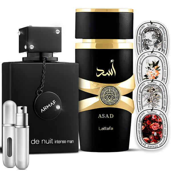 Lattafa Asad + Armaf Club De Nuit Intense 3.4OZ EDP for Men with Silver Refill Bottle, Four Scented Car Freshener Cards, and Black Satin Bag Gift Set