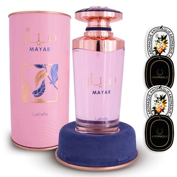 Lattafa Mayar 3.40 Oz Eau De Parfum for Women with Four Scented Car Freshener Cards Set